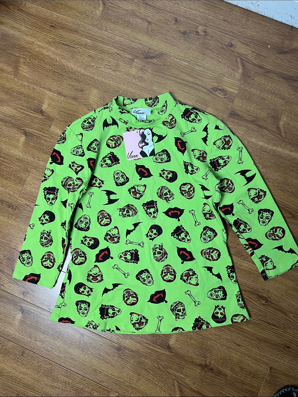 Vixen by Micheline Pitt Neon Green Monster Zombie Halloween Print Top